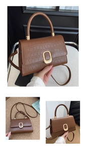 Close-up of brown crocodile texture leather and golden metal clasp on stylish handbag