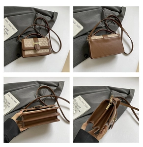 Brown and beige patchwork handbag featuring geometric patterns and metal H buckle