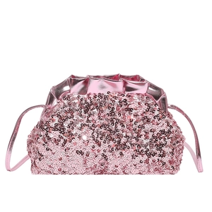 Pink sequin evening clutch bag for women with chain strap and cloud-shaped leather top