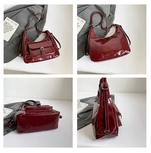 Four-angle view of burgundy patent leather tote bag with white contrast stitching details
