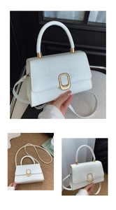 Detail of white crocodile pattern handbag with gold metal clasp and leather texture