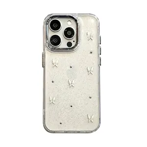 Glittering clear phone case with white 3D bows and micro beads for iPhone 16 Pro