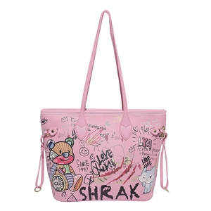 Pink cartoon graffiti tote bag with large capacity for women casual shoulder style