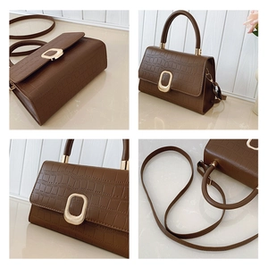 Detailed close-up of brown crocodile texture handbag with matte gold hardware buckle