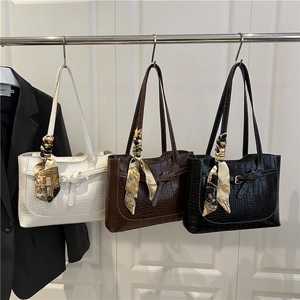 Women Korean Style Large Capacity Tote Bag Crocodile Pattern PU Leather Shoulder Bag With Decorative Satin Scarf