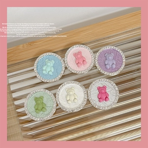 Set of six bear phone socket grips in pastel colors with sparkling rhinestone borders
