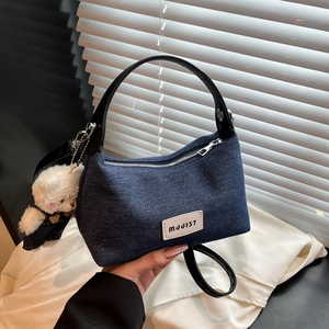 Women Retro Denim Suede Dumpling Bag Vintage Casual Crossbody Shoulder Bag With Bear Plush Charm Korean Style Handbag