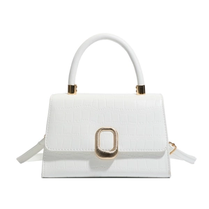 White crocodile pattern square handbag with gold metal clasp and top handle for women