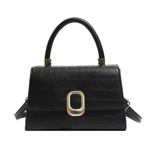 Minimalist black crocodile embossed handbag with vintage gold buckle for women