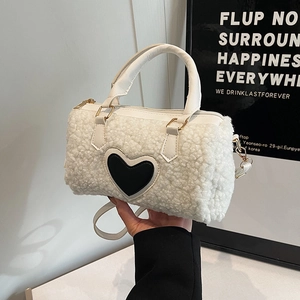 Faux Sherpa Fleece Heart Boston Bag Sweet Plush Top Handle Shoulder Crossbody Handbag Winter Fashion Women