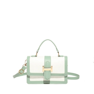 Fashionable green and white crossbody square bag with geometric embossing and gold buckle