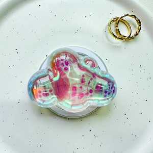 Cloud-shaped iridescent resin phone grip with purple cartoon cat paw design detail