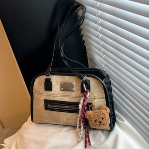 Retro khaki suede and black leather tote bag with a cute bear charm and woven rope