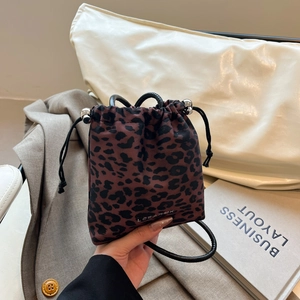 Small Leopard Print Bucket Bag Nylon Drawstring Crossbody Shoulder Handbag Vintage Leisure Fashion For Women