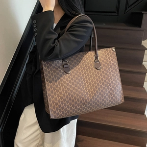 Large retro tote bag with M-letter jacquard pattern and brown leather straps