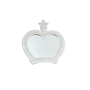 Princess style heart shaped crown mirror with pearls and rhinestones on white background