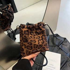 Fashionable leopard print drawstring bucket bag with silver beads and brand logo