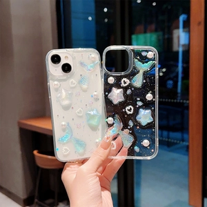 Sparkly mermaid tail iPhone case with pearls and 3D stars for 16 Pro Max and 17