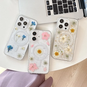 Floral MagSafe clear case with real dried flowers and gold glitter for iPhone