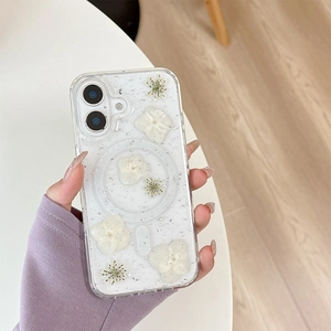 Detail of MagSafe floral case for iPhone with white dried flowers and silver glitter foil