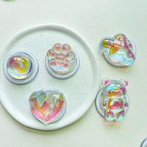 Iridescent magnetic phone grip holder set featuring cute bear and cat paw resin shapes