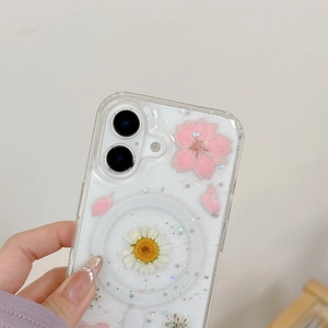 Detail of floral MagSafe clear case with pink cherry blossoms and silver glitter stars