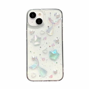 Transparent iPhone case with glitter mermaid tail, stars, and pearls decoration