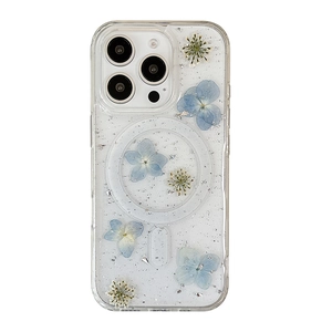 Floral MagSafe case for iPhone 16 Pro Max with real pressed flowers and silver glitter