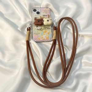 Cute cartoon bear phone case with adjustable thick crossbody strap and lanyard