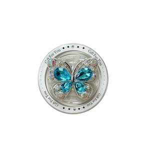 Support téléphone papillon magnétique avec strass bleus étincelants et bordure argent