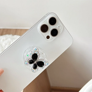 Elegante supporto per telefono a farfalla con gemme nere e cristalli su smartphone