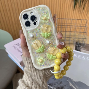 Floral iPhone case with pearls, glitter tulips and yellow bead strap for iPhone 17 Pro Max