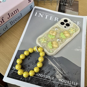 Floral tulip pearl glitter phone case for iPhone with yellow beaded wrist strap