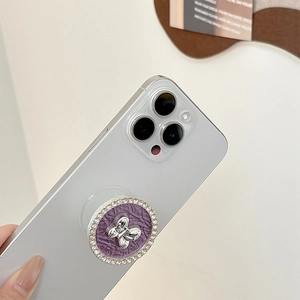 Supporto per telefono a farfalla di lusso con pelle viola e strass di cristallo lucidi