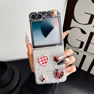 Detail of Galaxy Z Flip case with red heart buttons and silver star decorations