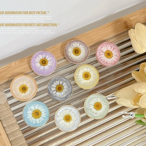 Floral resin phone socket grip with real dried daisy flowers and gold metal frame