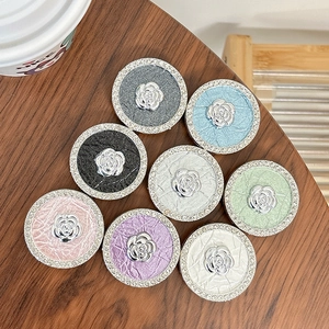 Rhinestone camellia flower phone socket holder with leather texture in multiple colors