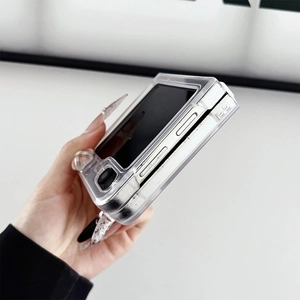 Close-up of clear split phone case for Samsung Z Flip series with precise cutouts