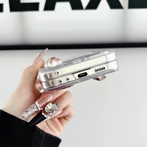Detailed side view of clear foldable case showing precise ports for Samsung Galaxy Z Flip