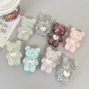 8pcs cute bear phone grip set with glitter sequins and silver heart decorations