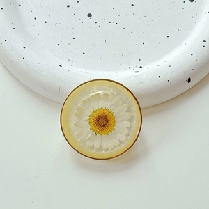 Macro view of floral phone grip featuring real white daisy embedded in clear resin