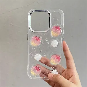 Cute 3D Resin Strawberry Rose Flower Phone Case Clear TPU PC Glitter Sequins Shockproof Protective Cover For iPhone