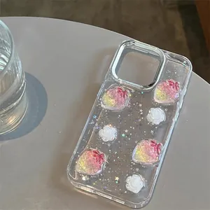 Glitter iPhone case with 3D gradient strawberries, embossed roses and metal camera frame