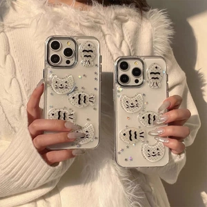 Cute 3D Cartoon Cat And Fish Phone Case Transparent Fine Glitter Star Drip Glue Shockproof Soft TPU Cover For iPhone