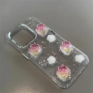 Sparkly iPhone case with 3D gradient strawberries, white roses and glitter sequins