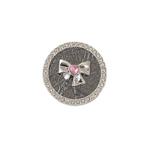 Rhinestone round phone socket with silver bow and pink heart gem on grey base
