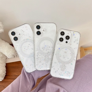 Transparent MagSafe case for iPhone with glitter sequins and silver stars pattern