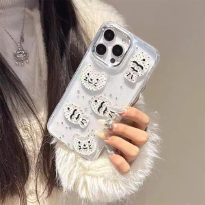 Cute iPhone case with silver glitter stars, 3D cat heads and fish charms on clear cover