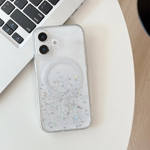 Detail of glitter stars and sequins on a clear magnetic phone case for iPhone