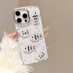 Transparent glitter phone case with 3D cartoon cat and fish charms for iPhone
